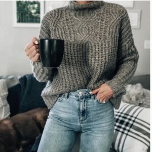 Aerie multicolor gray taupe chunky cable knit mock neck cropped sweater